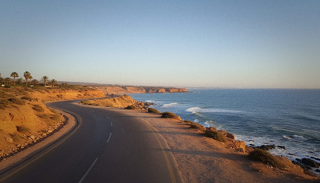 Route côtière au sud d'Agadir en direction de Taghazout, à parcourir en voiture