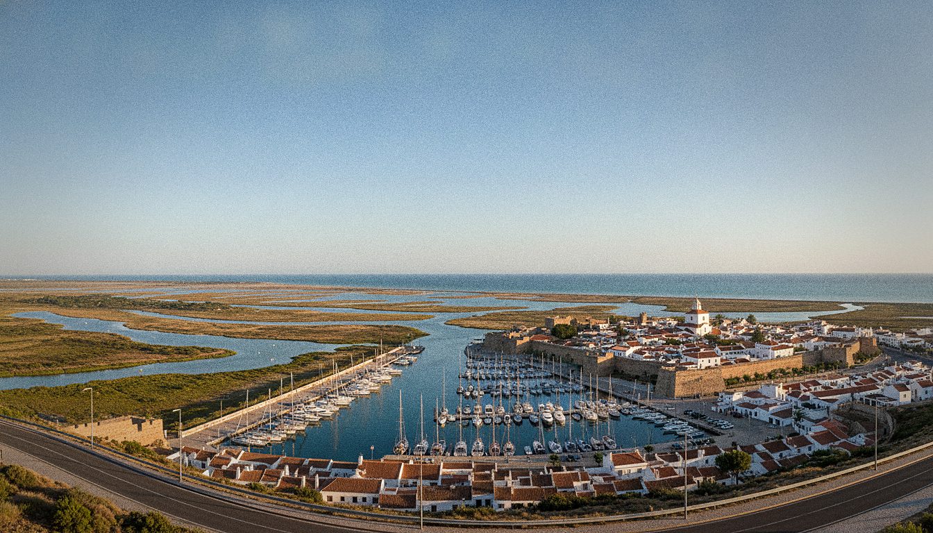 Vue sur la marina de Faro et la vieille ville face à la lagune de Ria Formosa