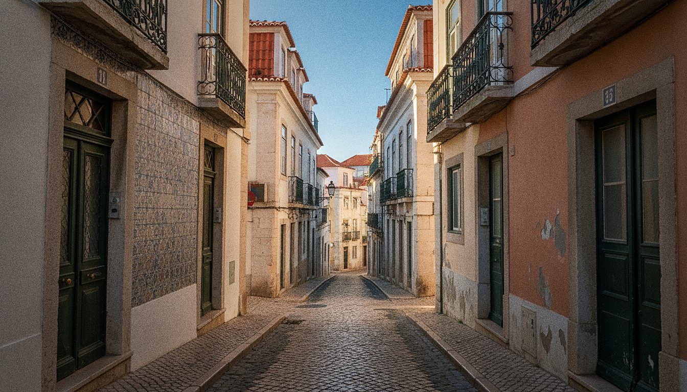 Ruelle pavée du quartier de l'Alfama à Lisbonne bordée de façades traditionnelles