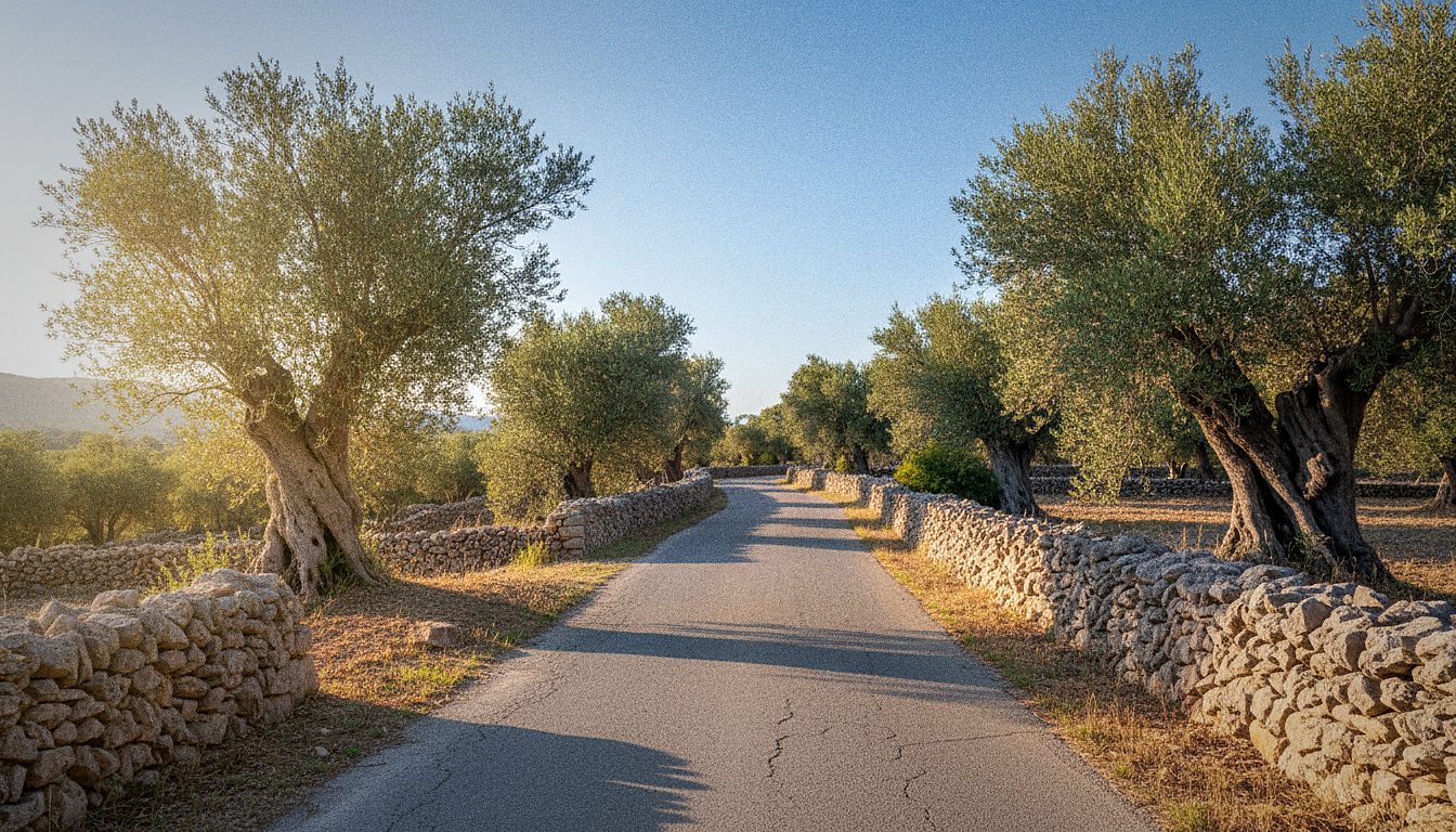 Petite route de campagne à Majorque entre oliviers et murets de pierre sèche
