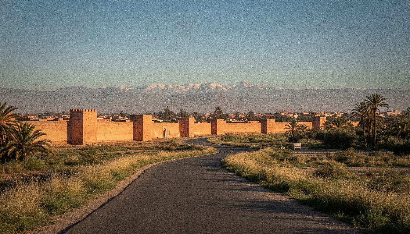 Vue sur les remparts ocres de Marrakech avec les montagnes de l'Atlas en arrière-plan