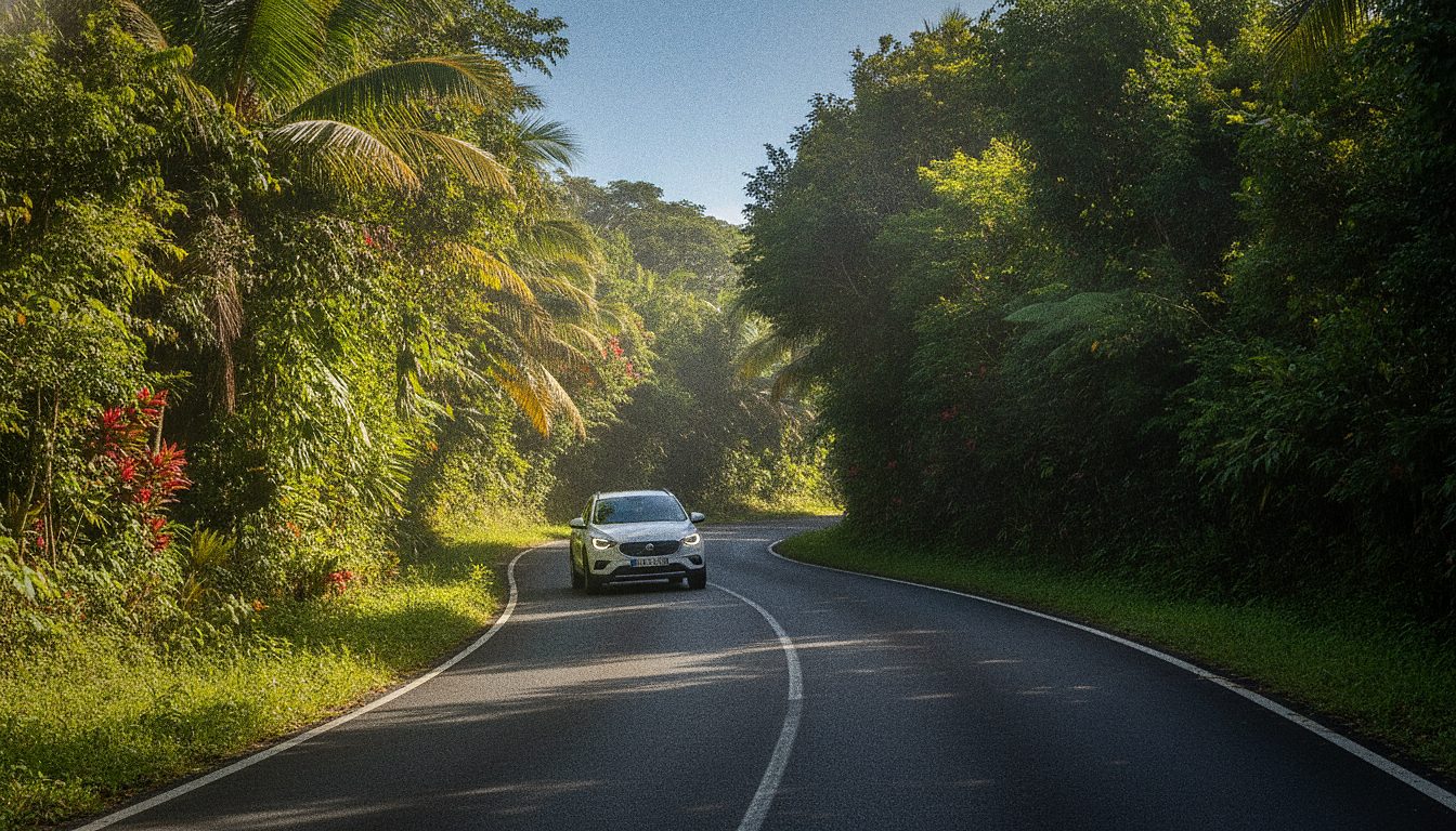 Route sinueuse bordée de végétation tropicale dans le nord de la Martinique, empruntée avec une voiture de location