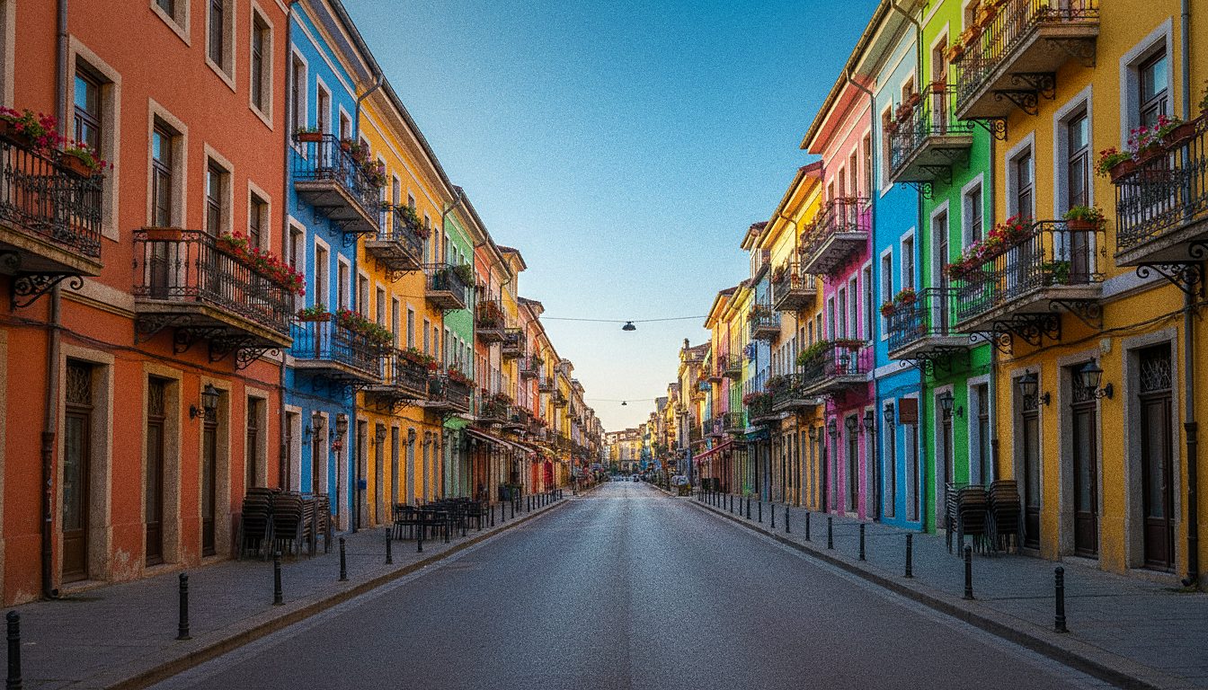 Rue du centre-ville de Tirana bordée d'immeubles colorés et de terrasses