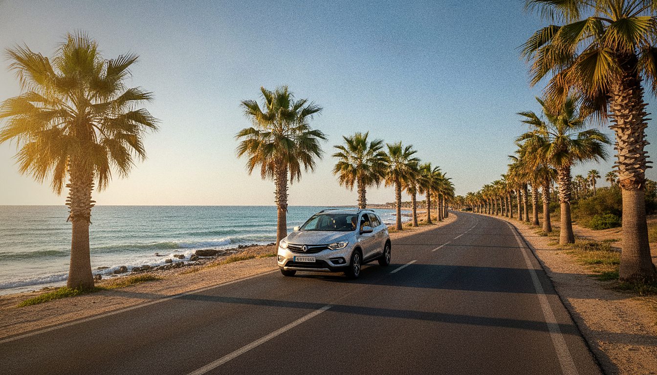 Route côtière bordée de palmiers en Tunisie, empruntée avec une voiture de location